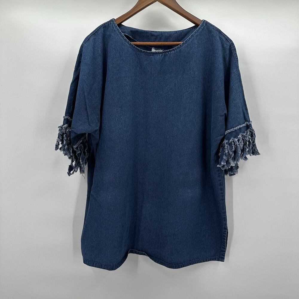 Alfredos Wife Top Womens Large Blue Denim Fringe‎ Vintage Art Chambray